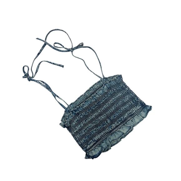 NEW! Womens 100% Cotton Cropped Ruffle Tank Denim‎ Blue Size L Large Summer Top - Picture 5 of 6